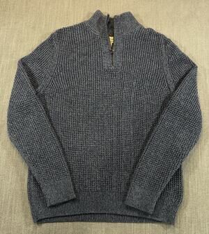 LL Bean Organic Cotton Waffle Knit Quarter Zip Sweater Mens Medium Blue Pullover